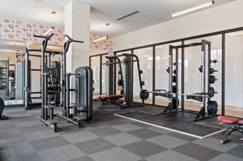 a gym with weights and other exercise equipment in a building with glass walls